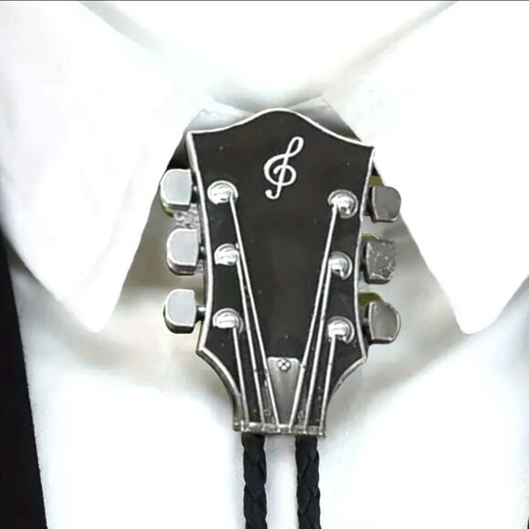 Black & Silver Texas Western Cowboy Guitar Neck Bollo Tie - Braided Cord - Picture 1 of 3